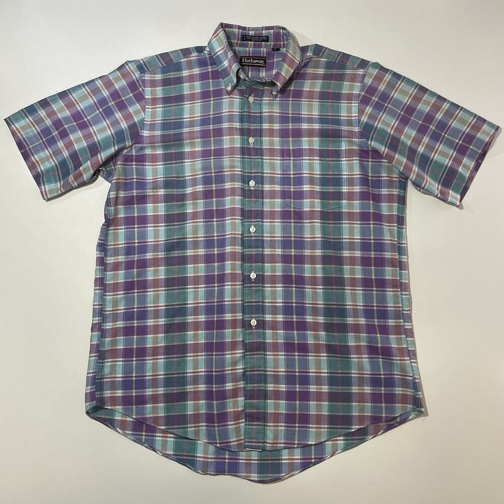 VTG Retro 60s Hathaway Sport Short Sleeved Shirt Purple Blue Checks Button-Up 16